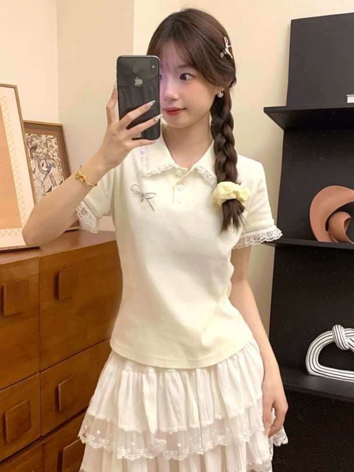 Phong Cách Đại Học Phối Ren Nơ Nối Cổ Polo Tay Ngắn Nữ Mùa Hè Ngọt Ngào Sinh Viên Slim Top