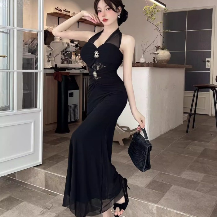 Unique And Beautiful Solid Color One-shoulder Dress For Women Summer High-end Sexy Birthday F
