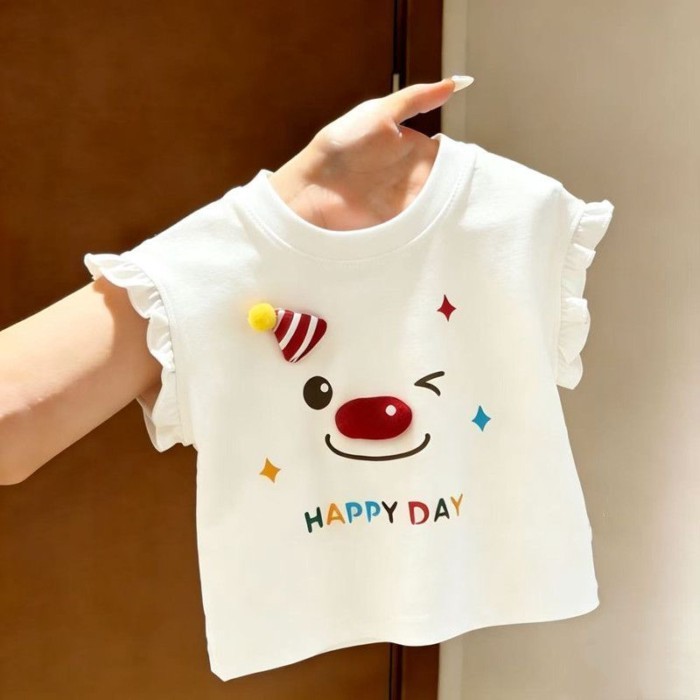Pure Cotton Cartoon Flying Sleeve Children's T-shirt Baby Girl Short-sleeved T-shirt Girl Cute