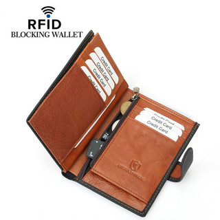 MONICOO Khóa Túi ID Châu Âu Retro RFID Lớp Đầu Tiên Da Bò Dây Kéo Thay Đổi Dây Đeo Lá Rời Ví Nam