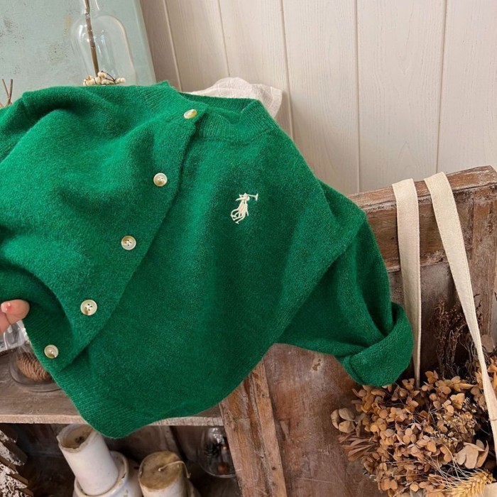 Áo len trẻ em mùa thu mới màu trơn thêu dệt kim cardigan cho bé trai và bé gái áo khoác len n