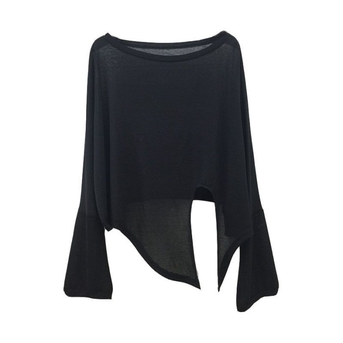 Ice Silk Nữ Mùa Hè Xẻ Không Đều Mới Mỏng Dài Tay Áo Rời Áo Top