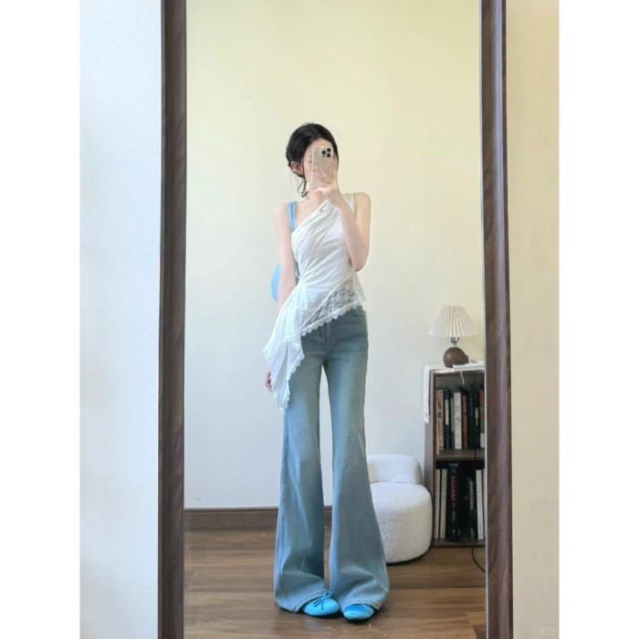 Quần jeans ống loe siêu nhỏ màu xanh nhạt cạp vừa của Mỹ dành cho nữ, quần đi làm mùa hè