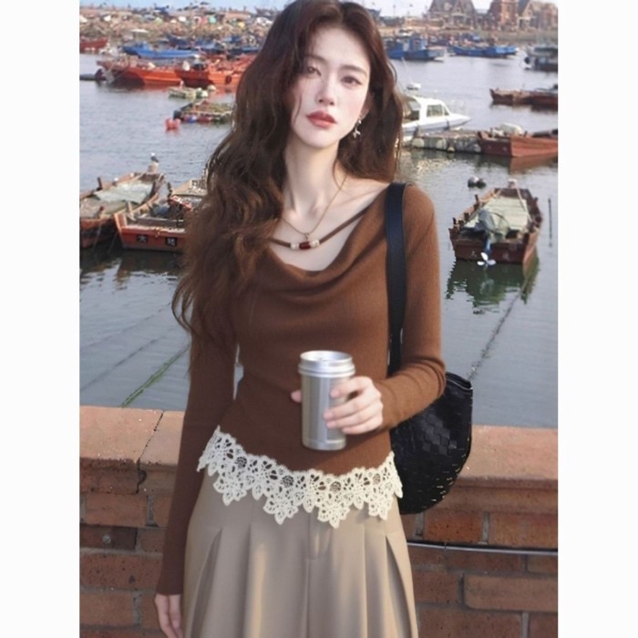 Hot Girl Ngọt Ngào Ren Ghép Viền Áo Dài Tay Nữ Theo Mùa Màu Cà Phê Cổ Xoay Đức Nhung Đáy Áo Sơ Mi H