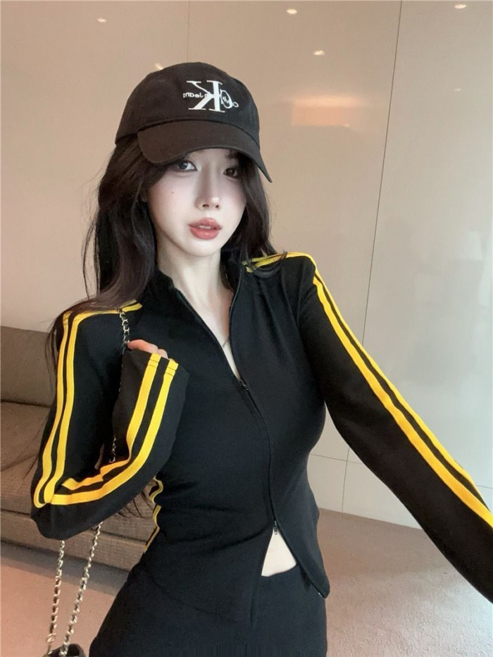 Mỹ Áo Thun Dài Tay Sọc Nữ Đầu Thu Ngắn Dây Kéo Đôi Top Cardigan Đáy