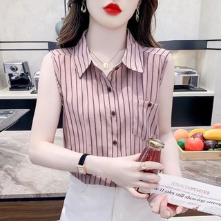 Áo sơ mi voan sọc dành cho nữ thời trang mùa hè mới thích hợp Áo cổ polo không tay kiểu Pháp dàn