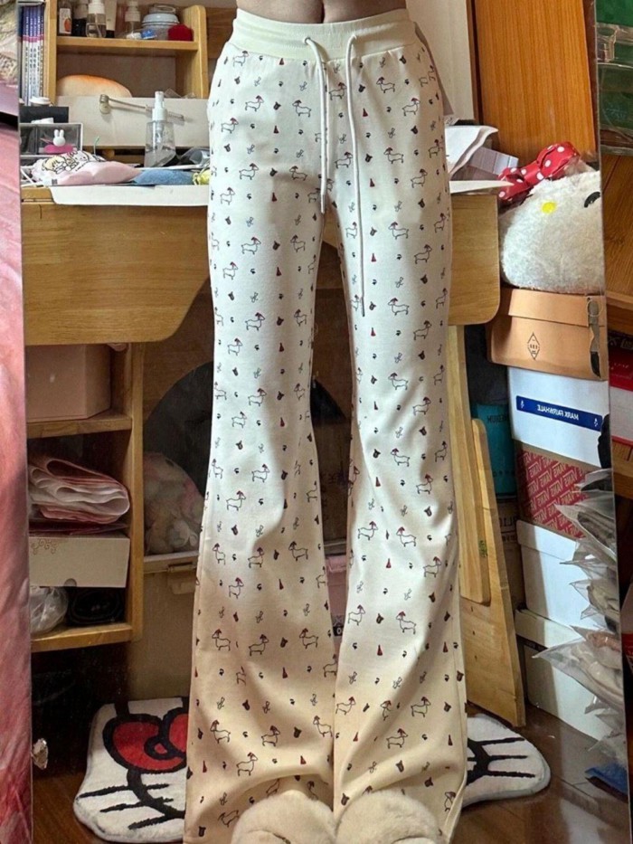 New Style Boot-cut Pants For Women, Cartoon Animal Print, High-waisted, Slim, Versatile, Fash