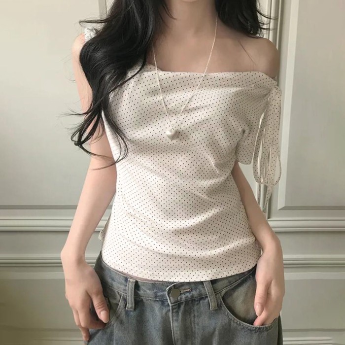 Korean Style Pure Lust Girl Polka Dot Lace-up Oblique Shoulder Short-sleeved T-shirt For Wome