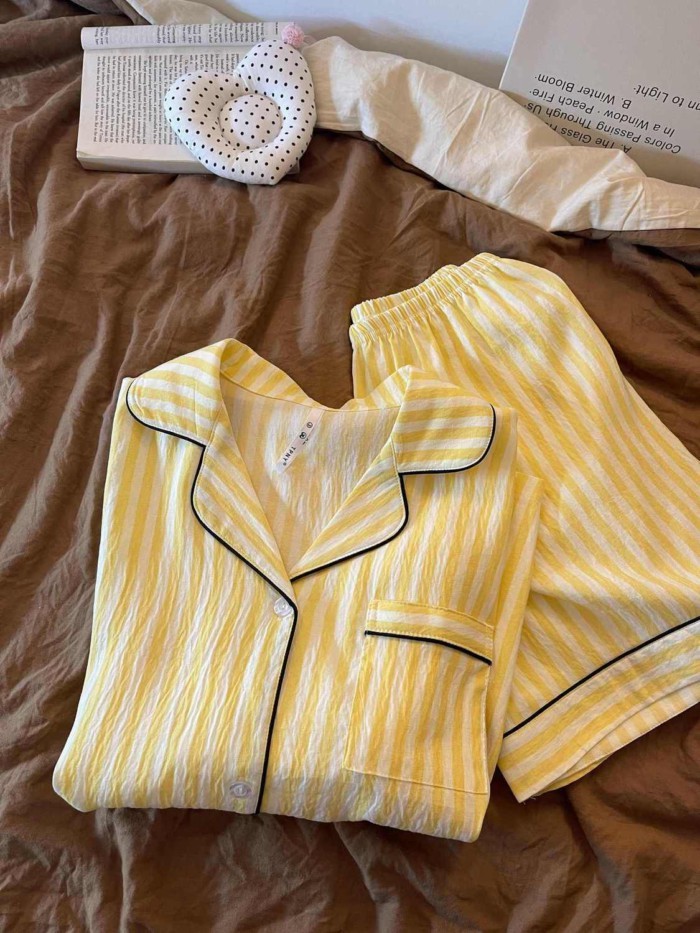 Simple Yellow Striped Pajamas For Women Summer New Short-sleeved Shorts Sweet Japanese Studen