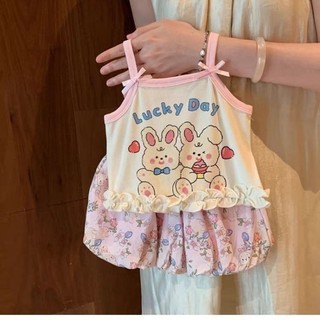 Bộ hai mảnh quần short treo dễ thương mùa hè cho bé gái áo vest hoạt hình trẻ em