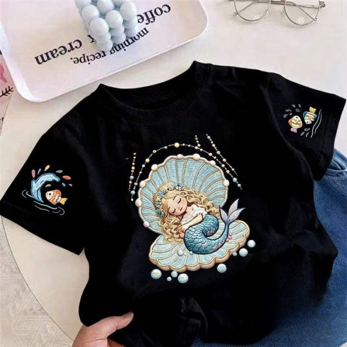 Summer Cartoon Creative Mermaid Imitation Embroidery Printed Short-Sleeved Girls Cute All-Matc