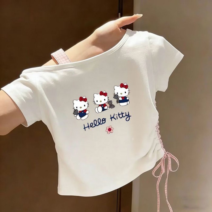 áo thun ngắn tay kẻ sọc vai hoạt hình dễ thương mới dành cho bé gái, áo thời trang, đa năng dành