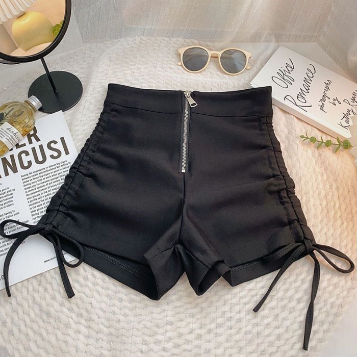 Quần short màu đen lưng cao dây rút giảm béo cỡ lớn dành cho nữ phong cách Hàn Quốc mới ôm vừ