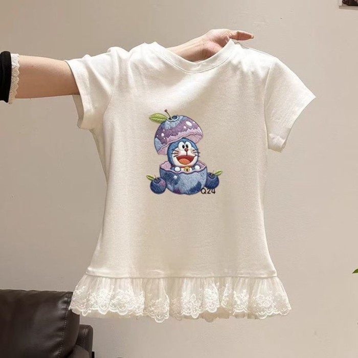 Bé Gái Áo Thun Cotton Mùa Hè Ren Mèo Tay Ngắn Phối Ren Phong Cách Mới Phương Tây In Hình Hoạt Hì