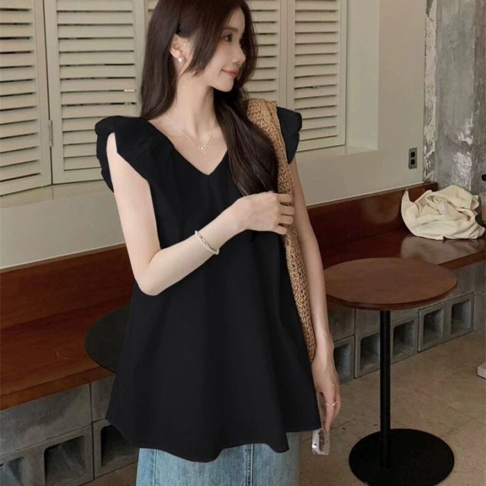 Áo sơ mi cổ chữ V dài vừa mùa hè dành cho nữ có quai ngang và áo sơ mi trắng tay bay nhỏ