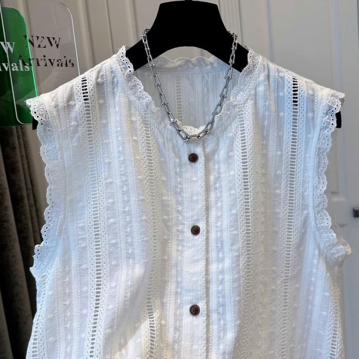 Áo Sơ Mi Nữ Mùa Hè Mới Tính Khí Pháp Plus Size Nữ Rỗng Áo Sơ Mi Ren Áo Không Tay Đa Năng