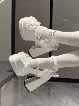 Puff Ren Gothic Giày Ngọt Nơ Ren Dễ Thương Mary Jane Phong Cách Pháp lo Giày Cao Gót