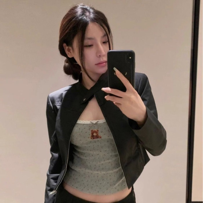 Mỹ Retro Ngọt Ngào Và Mát Mẻ Hot Girl Phong Cách Đen Cổ Đứng Áo Khoác Ngắn Giảm Béo Nữ Kẹp tr