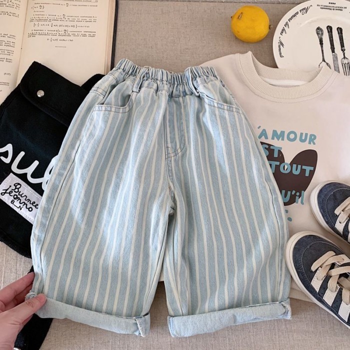 Quần Jean Trẻ Em Hàn Quốc Cotton Mềm Retro Sọc Bé Trai Bé Gái Quần Thẳng Thời Trang