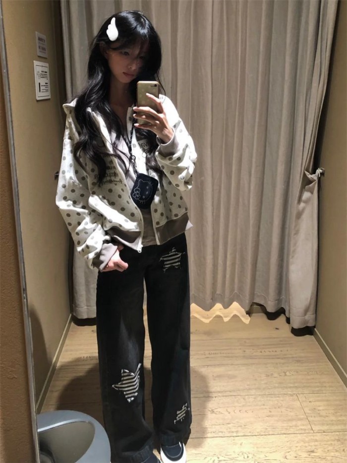 Màu Trơn Có Mũ Trùm Đầu Cho Nữ Mỹ Retro Chấm Bi Áo Rời Dây Kéo Cardigan Cổ Cho