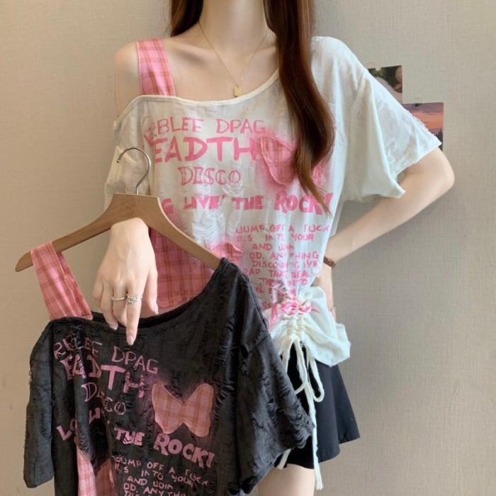 Kích thước lớn lỗ bướm vá áo thun ngắn tay dây rút dành cho nữ mới dáng rộng hàng đầu giảm bé