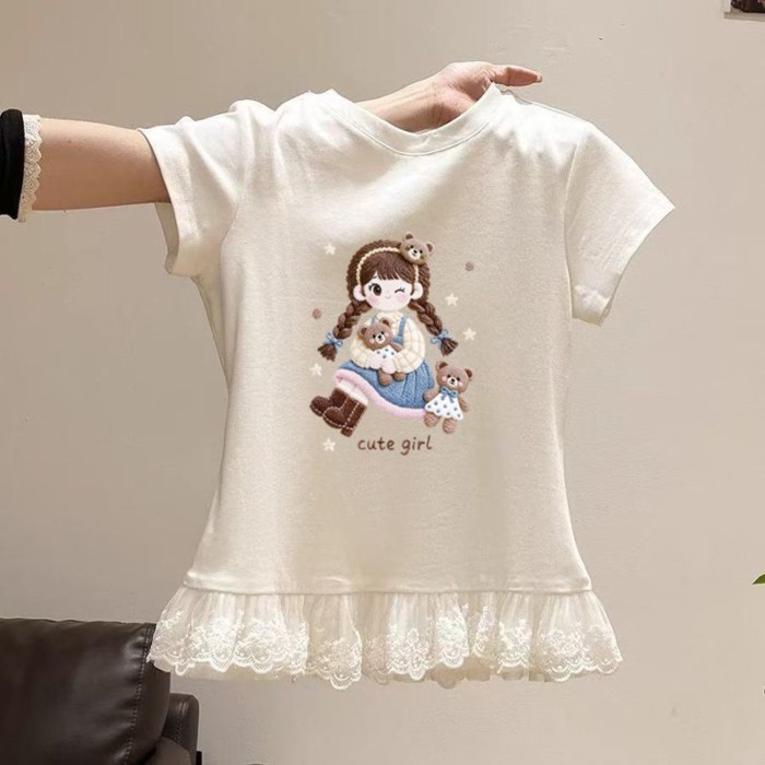 Bé Gái Áo Thun Cotton Mùa Hè Ren Mèo Tay Ngắn Phối Ren Phong Cách Mới Phương Tây In Hình Hoạt Hì