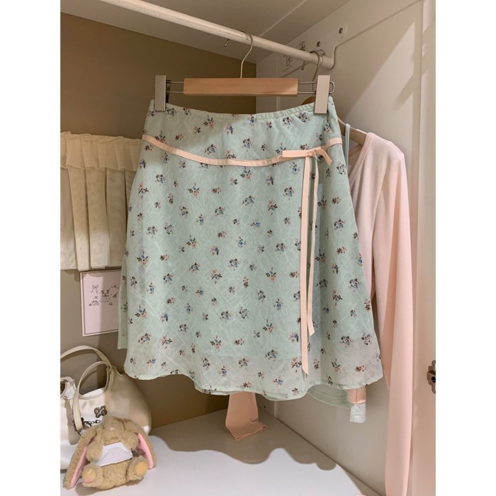 Sweet New Fresh Floral Skirt Korean Style Slimming Bow Tie Skirt