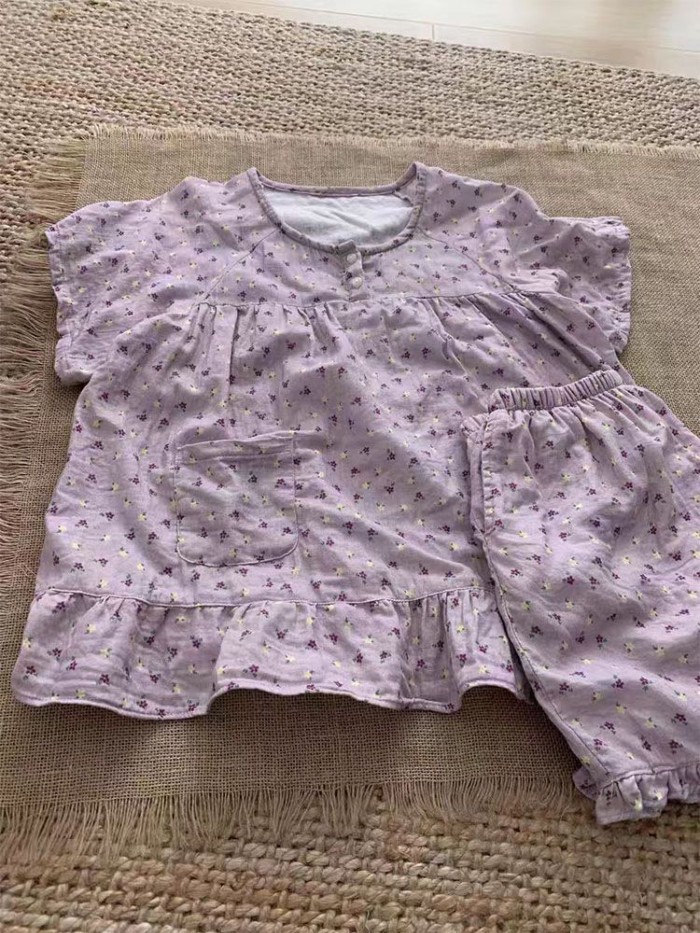 Bộ Đồ Ngủ Họa Tiết Hoa Màu Tím Ngọt Ngào Nữ Nhật Bản Tươi Ngắn Tay Quần Short Có Thể Mặc Bên