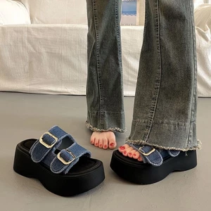 Giày Sandal Đế Dày Đế Dày Nữ Mới Đa Năng Tăng Chiều Cao Dép Denim Thể Thao Giày Sandal La Mã