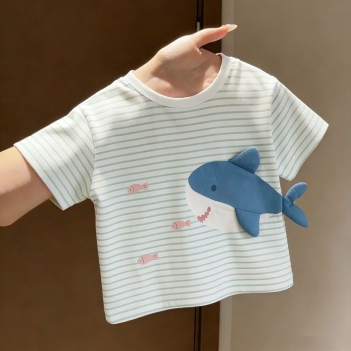Cotton nguyên chất mùa hè hoạt hình trẻ em sọc cá mập ba chiều Áo thun ngắn tay phong cách Hà