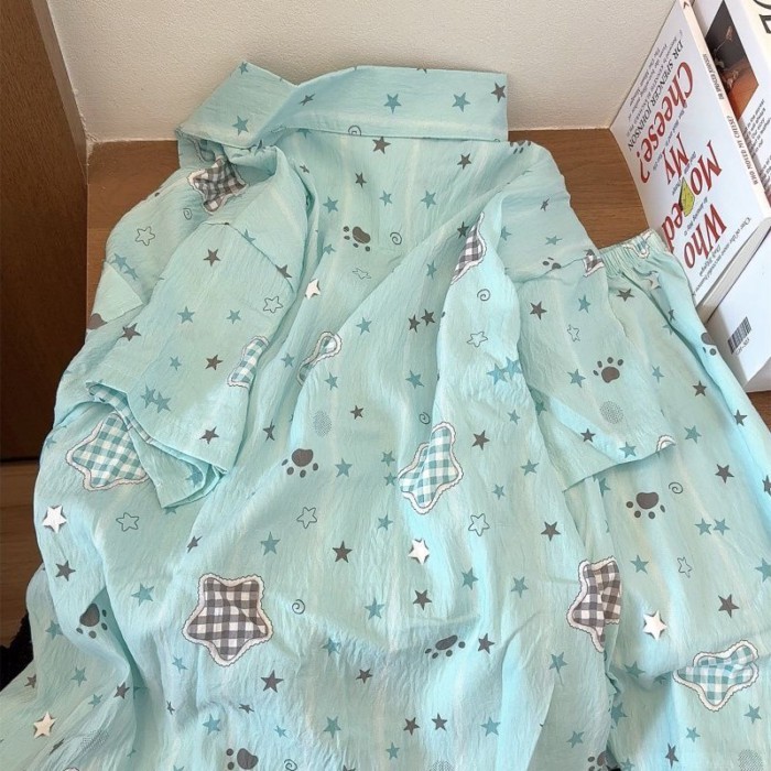 Phong Cách Văn Học Cloud Cotton Mùa Hè Xanh Bạc Hà Ngôi Sao Cardigan Bộ Đồ Ngủ Nữ Ngắn Tay Qu