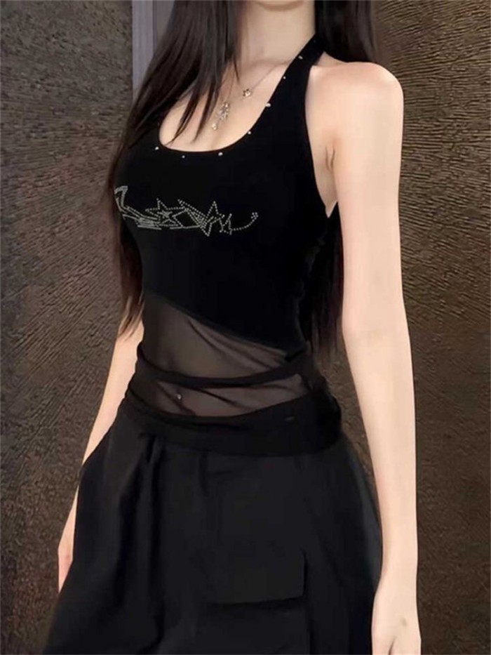 American Retro Hottie Hot Diamond Halterneck Camisole Women's Summer Outer Wear Slim Mesh Spl