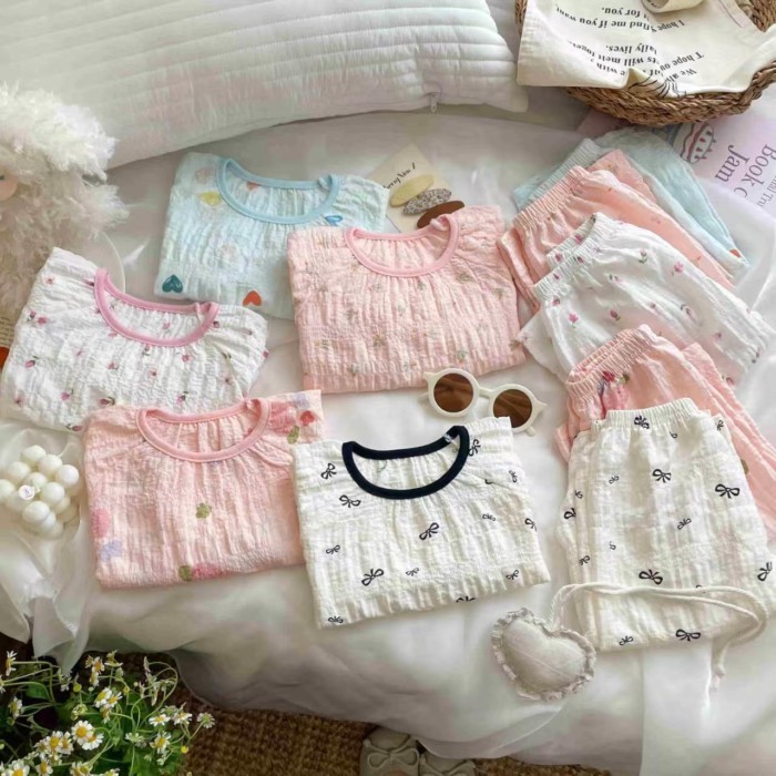Bộ đồ mặc nhà cho trẻ em cổ áo thun ngắn tay quần short Bộ đồ ngủ hai mảnh thoáng khí