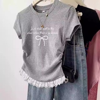 Áo thun thời trang bé gái thiết kế ngắn tay thích hợp ren bé gái thời trang thường ngày