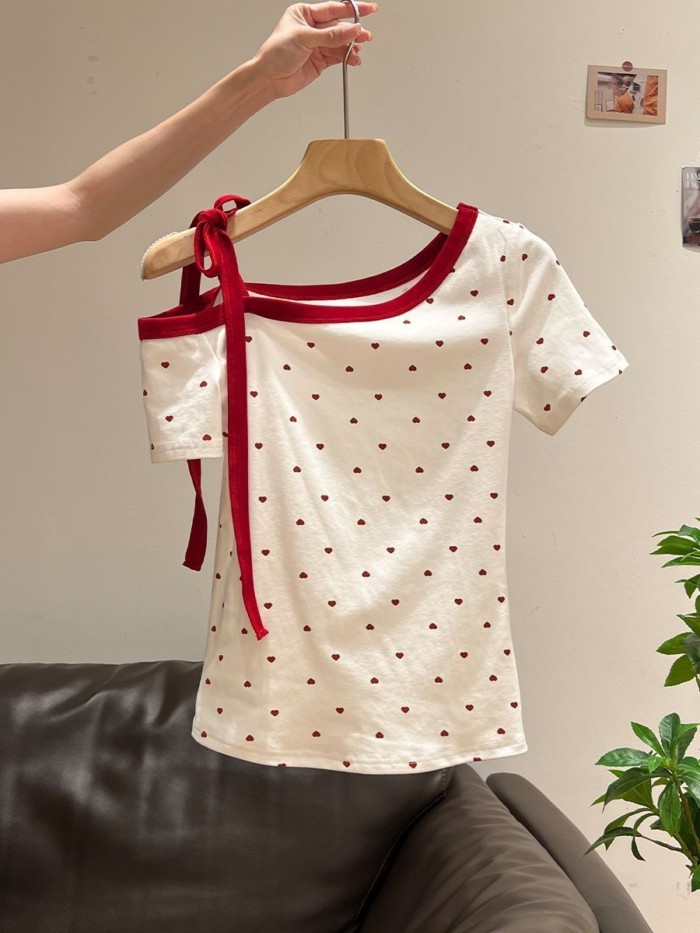 Korean Style Red Love Polka Dot Oblique Shoulder Off-shoulder Short-sleeved T-shirt For Women