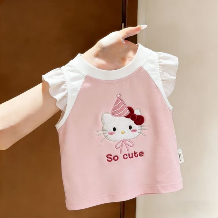 Summer New Style Girls Pure Cotton Cartoon Style T-shirt Children's Cute Sleeveless Printed V