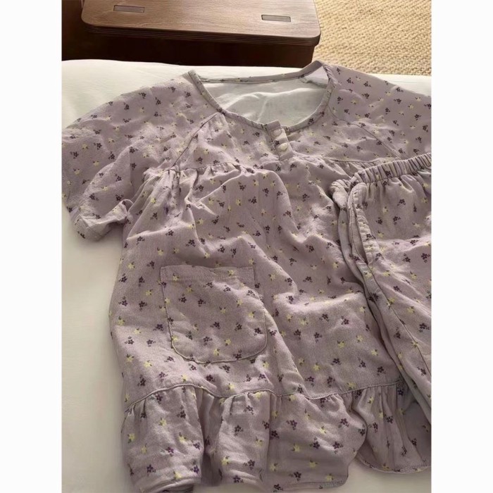 Bộ Đồ Ngủ Họa Tiết Hoa Màu Tím Ngọt Ngào Nữ Nhật Bản Tươi Ngắn Tay Quần Short Có Thể Mặc Bên