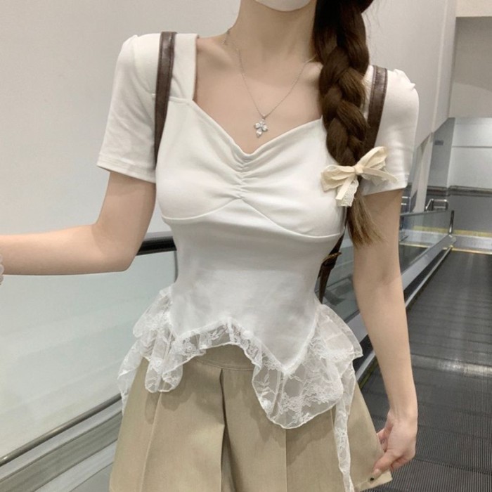 Pure Desire Hot Girl Cổ Vuông Áo Thun Nữ Tay Ngắn Nữ Mùa Hè Thiết Kế Mới Ren Nối Ngắn Tính Kh