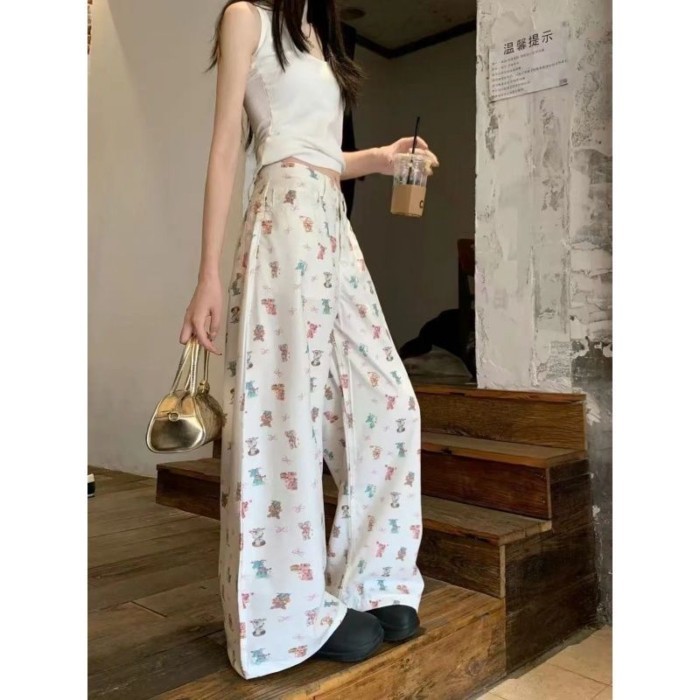 Retro Dạo Phố Cao Cấp Nhật Bản Gấu Hoạt Hình In Quần Jean Nữ Mùa Hè Cao Cấp Rời Giảm Béo Quần Ống R