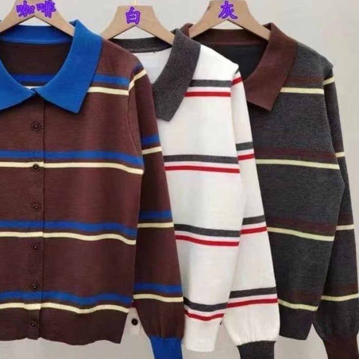 Áo len dệt kim dài tay có cổ POLO sọc tương phản cổ điển dành cho nữ trong mùa thu đông áo le