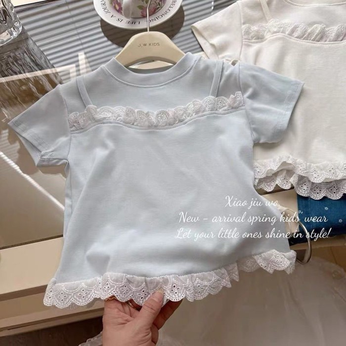 cô gái mùa hè mới áo hai dây giả nhẹ nhàng ngắn tay ngọt ngào đa năng Áo thun ren phong cách châ