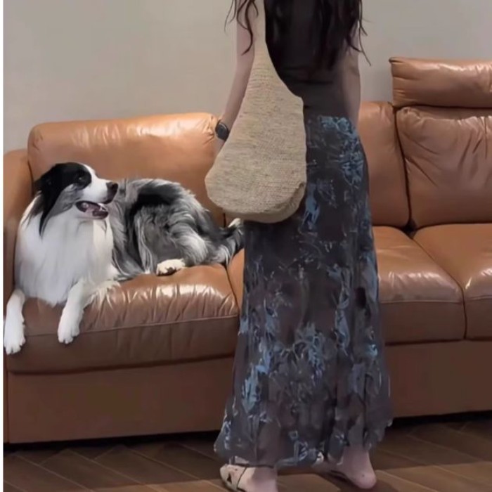 Váy chữ A dáng dài cạp cao nhuộm hoa dáng dài phong cách Hàn Quốc-Trung Quốc