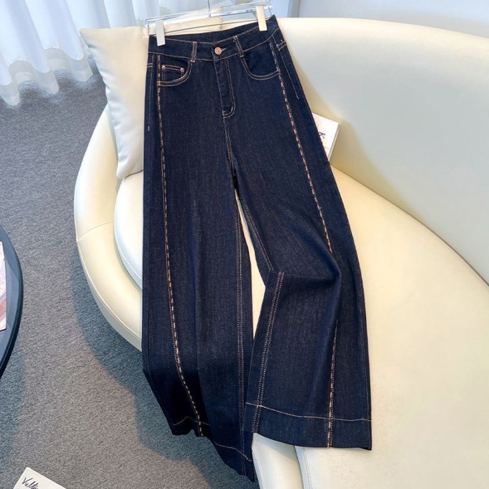Quần jeans ống đứng màu xanh denim thêu nữ Quần ống rộng Quần chín điểm