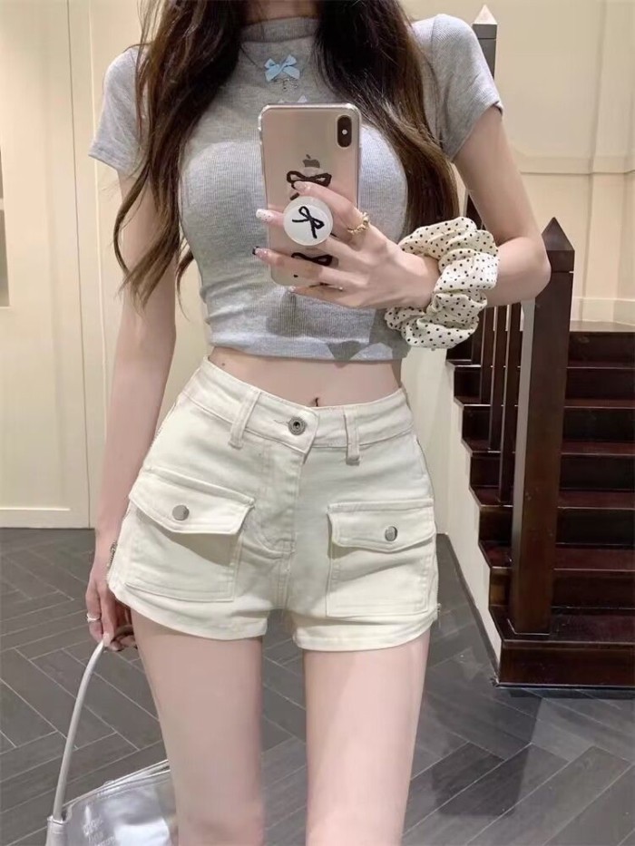 Quần short denim Mỹ dành cho nữ giảm béo và kéo dài chân quần thẳng lưng cao nóng bỏng