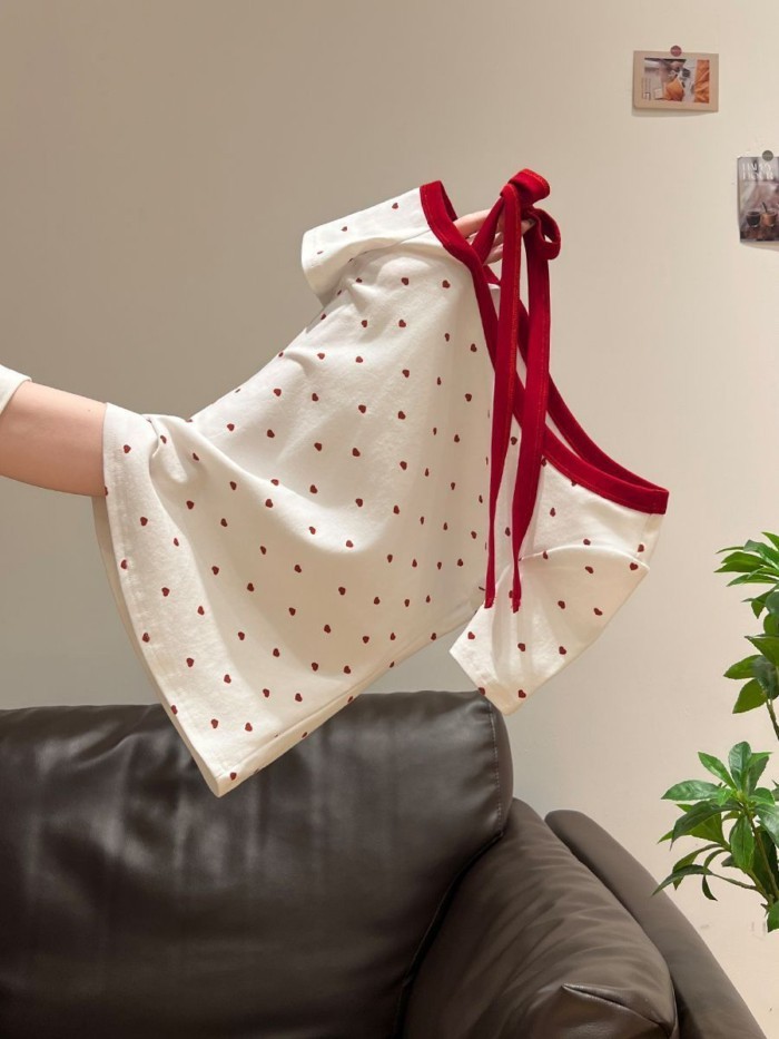 Korean Style Red Love Polka Dot Oblique Shoulder Off-shoulder Short-sleeved T-shirt For Women