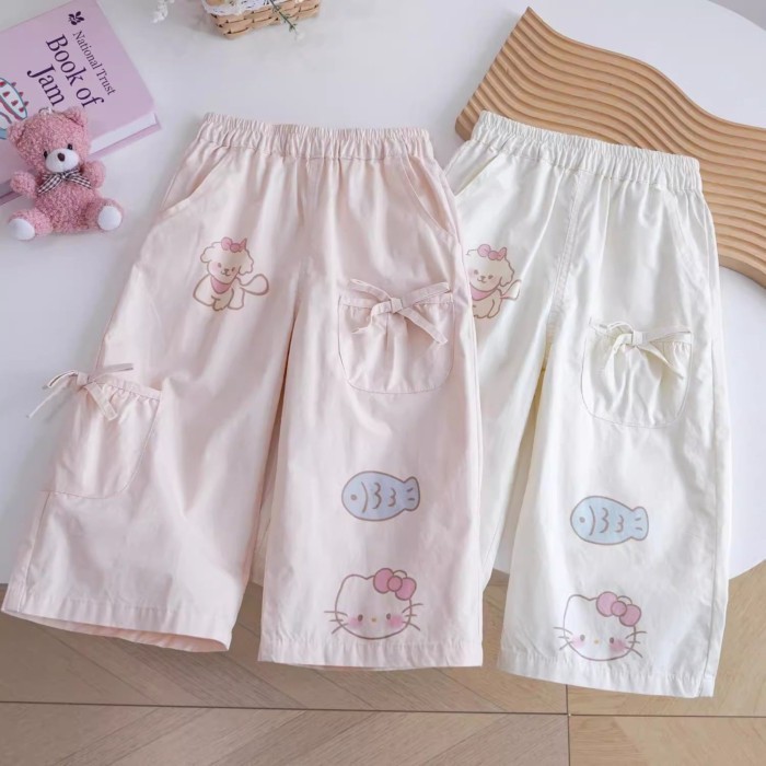 Bé gái phong cách Hàn Quốc nơ ống rộng quần dài in hình động vật nhỏ hoạt hình đa năng