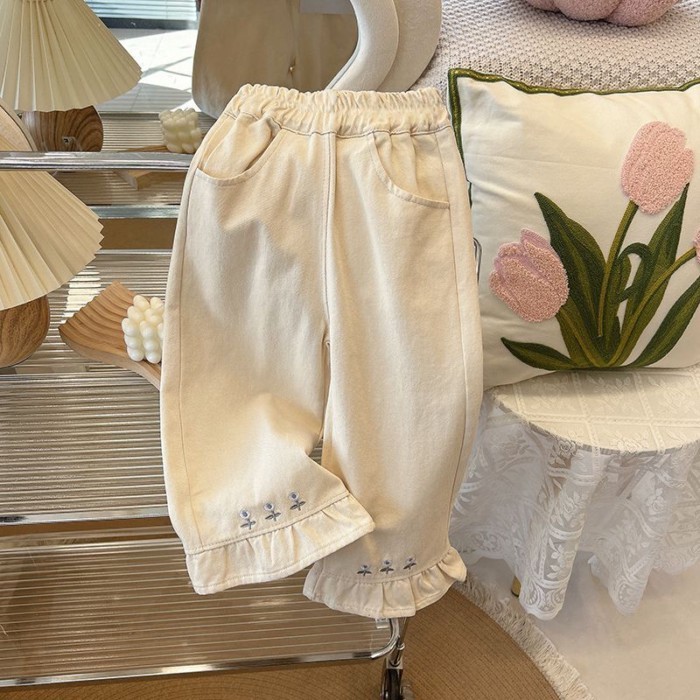 Quần cotton nguyên chất viền nấm ngọt ngào phiên bản Hàn Quốc, quần màu trơn thêu mỏng, đa nă