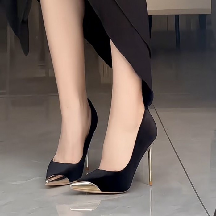 Da lộn màu đen kim loại giày cao gót nữ đế dự tiệc cao cấp hoàng gia nữ miệng nông mũi nhọn giày