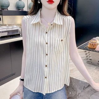 Áo sơ mi voan sọc dành cho nữ thời trang mùa hè mới thích hợp Áo cổ polo không tay kiểu Pháp dàn