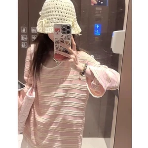Áo thun dài tay sọc hồng phong cách Hàn Quốc ngọt ngào dành cho nữ áo sơ mi mỏng lười biếng
